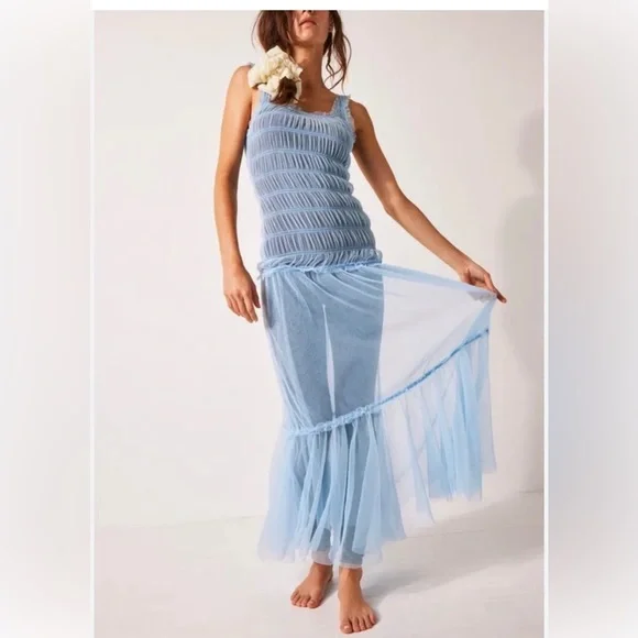 Free People | Dresses | Free People Blue Tulle Slip Dress
